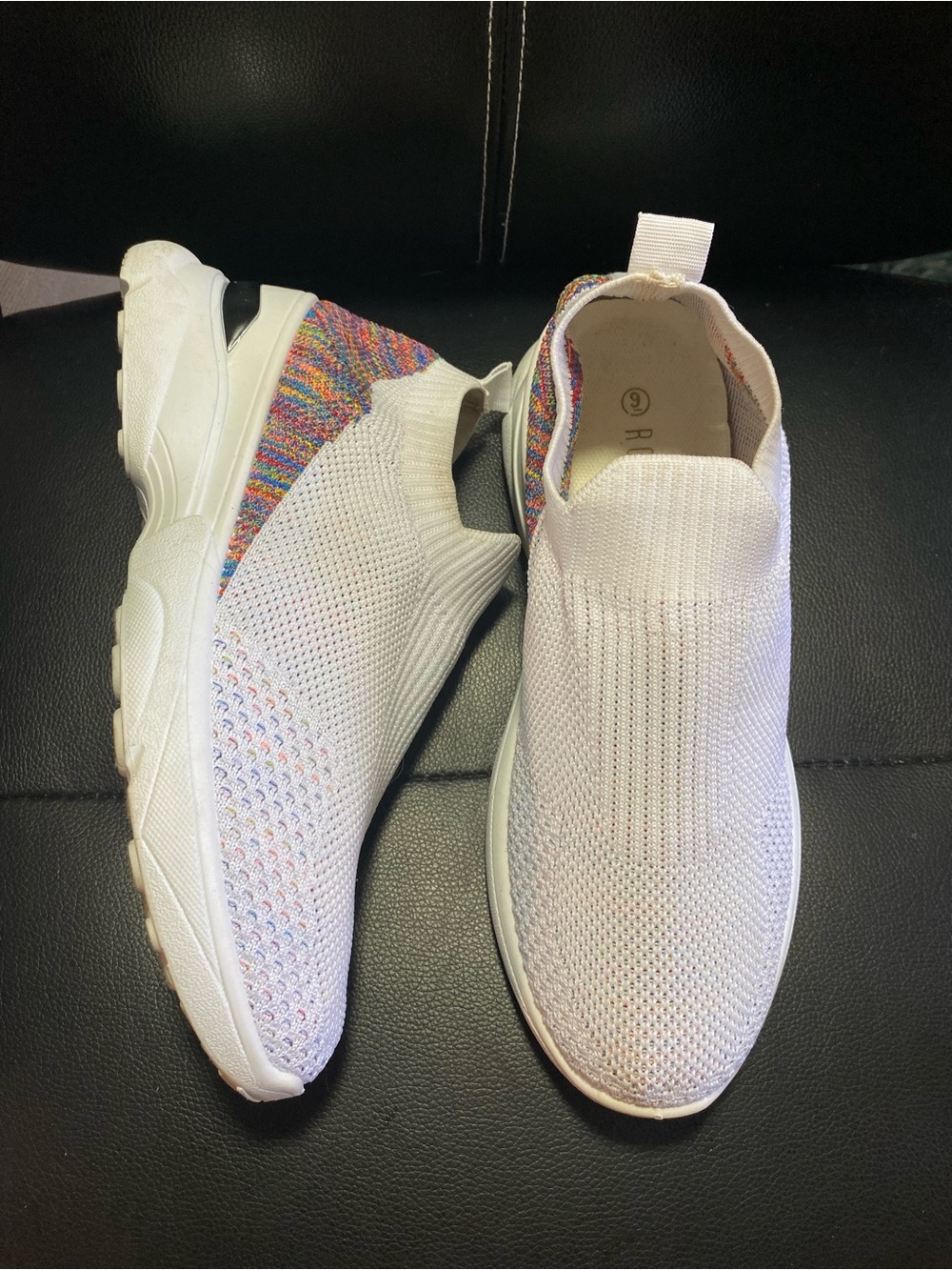 Rouge Helium White Knit Slip-On Sneakers with Rainbow Stitching Size 9
